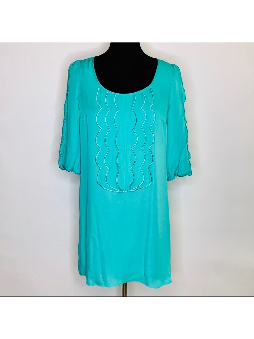 Tibi seafoam green scalloped trim silk shift dress size 4 spring summer Easter